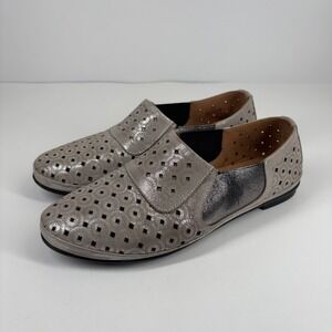 Bonavi Women's 6.5/37 Pewter Metallic Perforated Leather Slip-On Flat Loafers